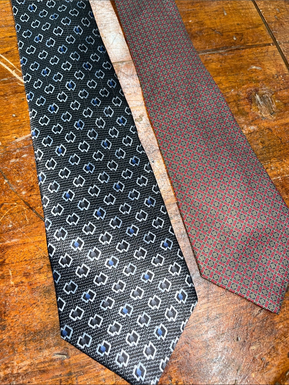 Pair of Classic Men's Geometric Patterned Tie — Black and Burgundy. 100% Silk